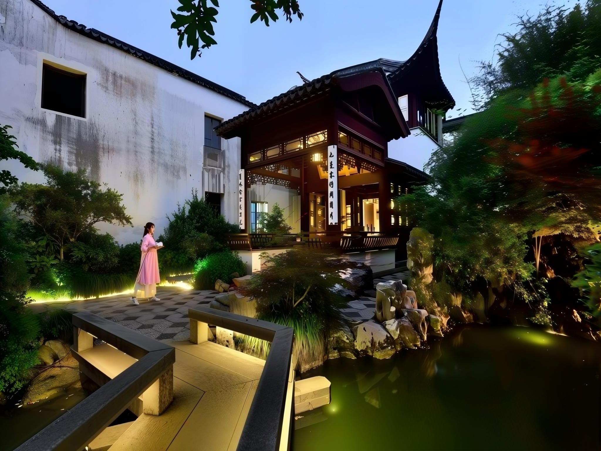 Illuminated traditional entrance and garden at Blossom House Suzhou Tanhuafu